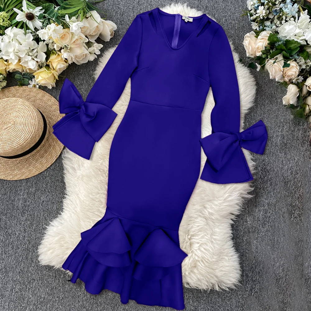 Women Bodycon Party Dress Hollow Out Shoulder Ruffles Long Sleeves with Bowtie Elegant Slim Evening Dating Robes Female Tunics