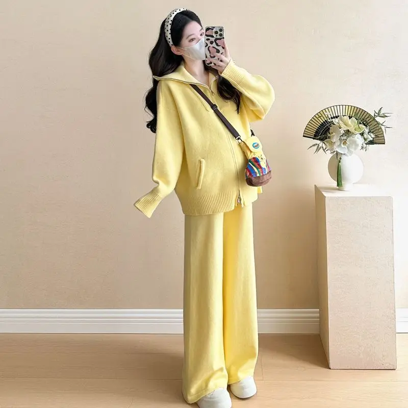 Coffee Lazy Wind Pocket Zipper Knitted Suit Women\'s 2024 Autumn and Winter New Korean Version Loose Wide-leg Pants Two-piece Set