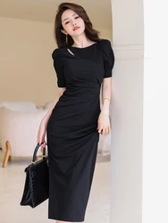 Elegant Fashion Black Dresses for Women Casual Sexy Hollow Bubble Sleeve Folds High Slit Robe Female Banquet Party Vestido Mujer