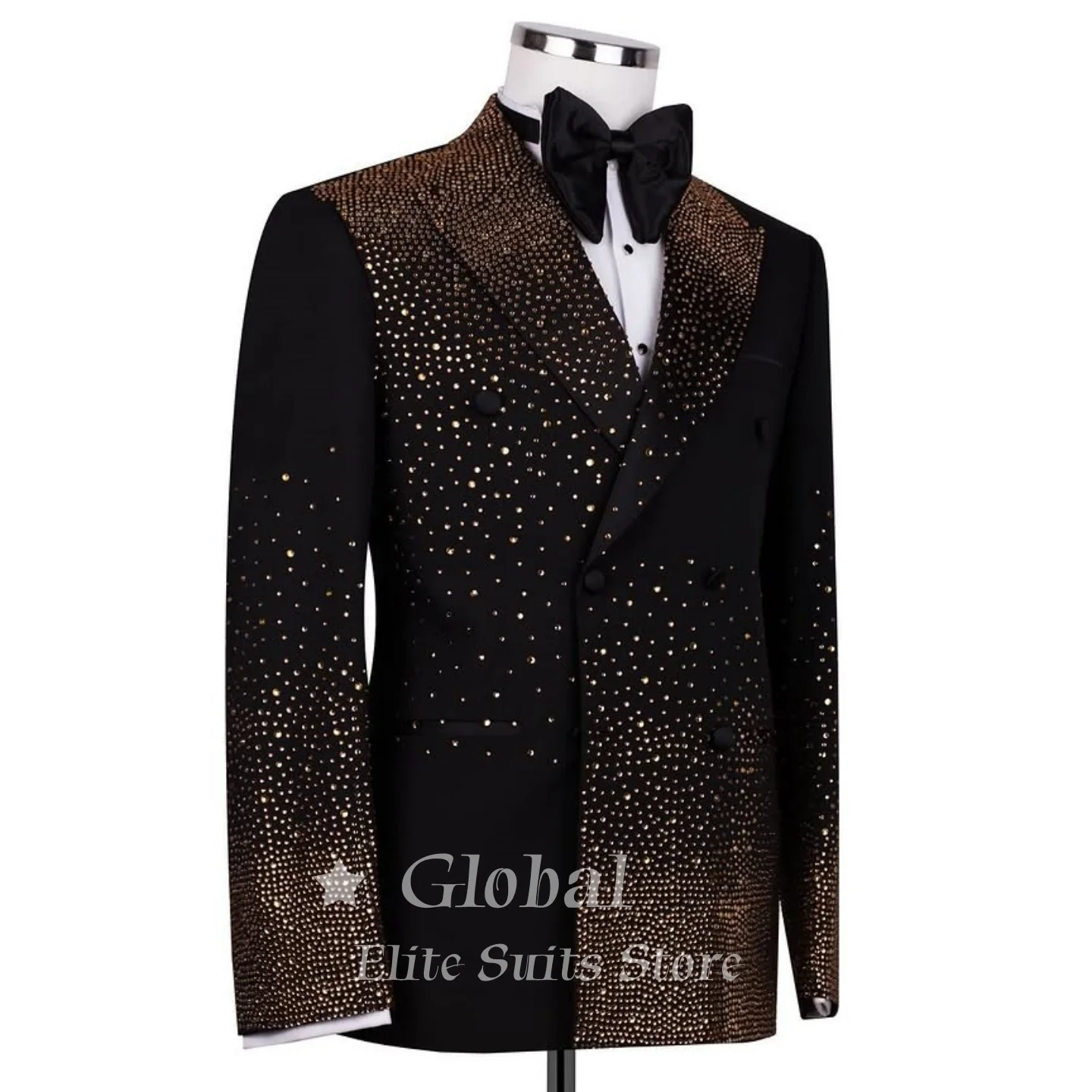 Luxury Men's Black Gradient Rhinestone Blazer Double Breasted Peak Lapel Tuxedo Jacket Prom Party Wedding Groom Customized