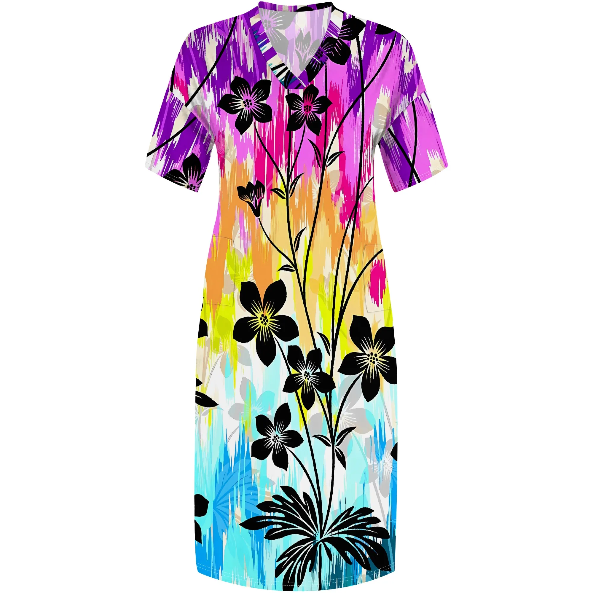 Nupusa Plus Size Kleurrijke Bloemenprint Jurk Dames Zomer Casual V-hals Maxi-jurk met korte mouwen