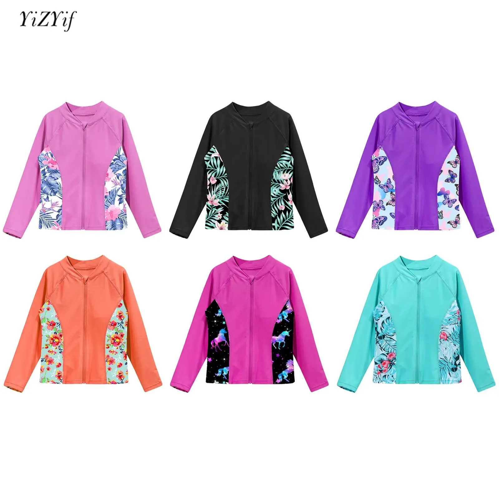 2024 Kids Girls Print Swimming Top Long Sleeve Zipper Swim Top UPF 50+ Sun Protection Rash Guard Bathing Top Pool Beach Swimwear