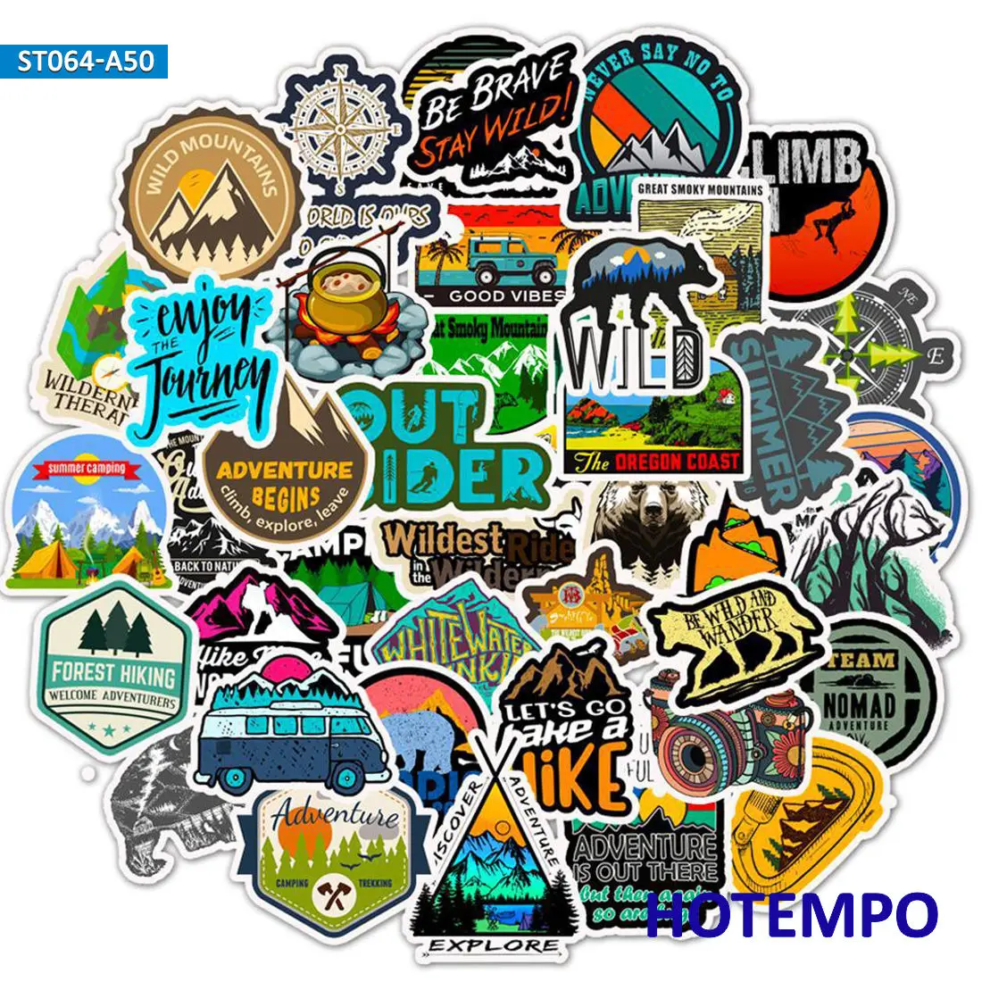 50PCS Travel Stickers Wild Adventure Camping Climbing Hiking Outdoor Trip Decals for Laptop Luggage Car Bike Phone Sticker Toys