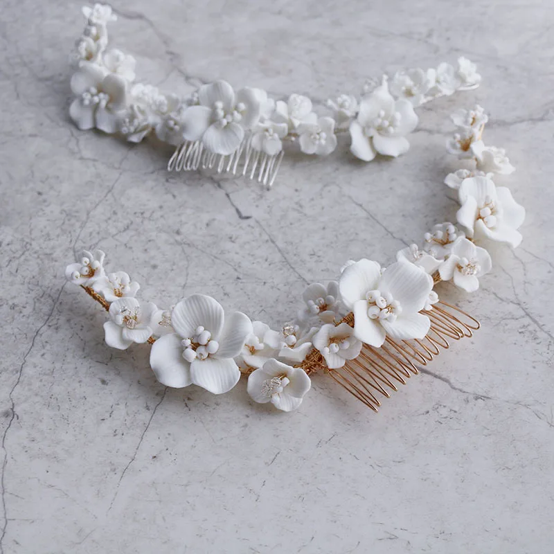 

Ceramic Floral Bridal Hair Crown Tiara Gold Silver Color Pearls Wedding Comb Jewelry Handmade Women Accessories