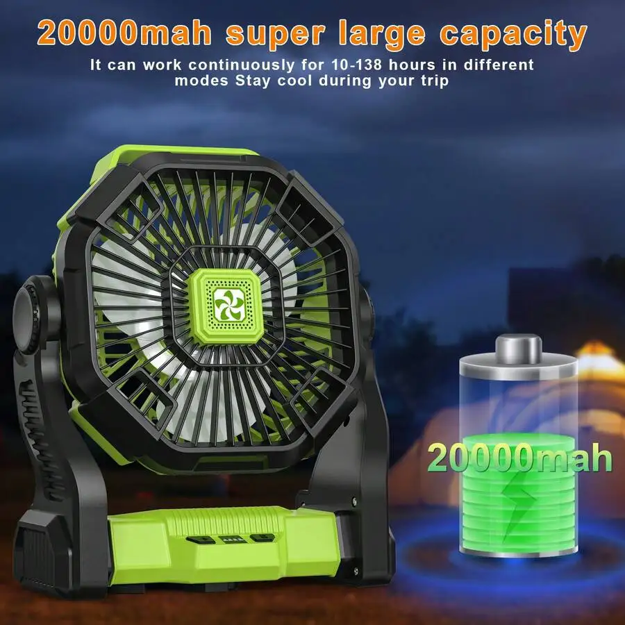 20000mAh Portable Battery Powered Fan With LED Lantern 4-Speed Adjustable Camping Fan For Outdoor Tent Power Outage