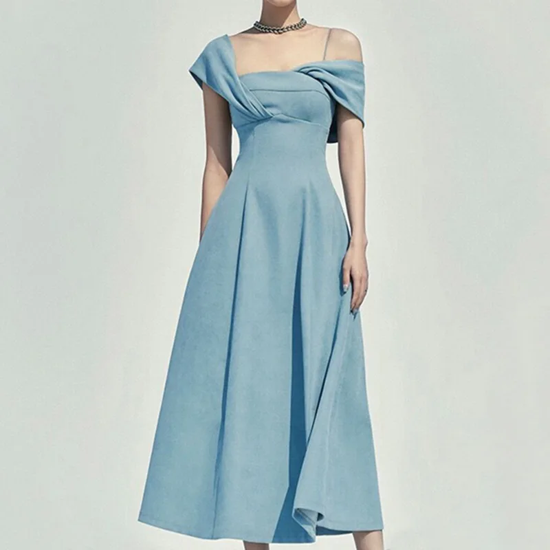 

Irregular Design Oblique Shoulder Strap Dress for Women's Spring/Summer New Temperament Elegant and Slim Fit Evening Dresses