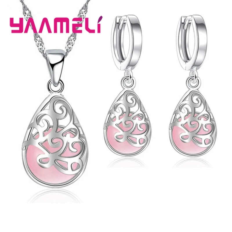 

Изысканные винтажные полые капли воды с лунным камнем опал кулон камни Ювелирные наборы для женщин девочек День рождения Рождественский подарок