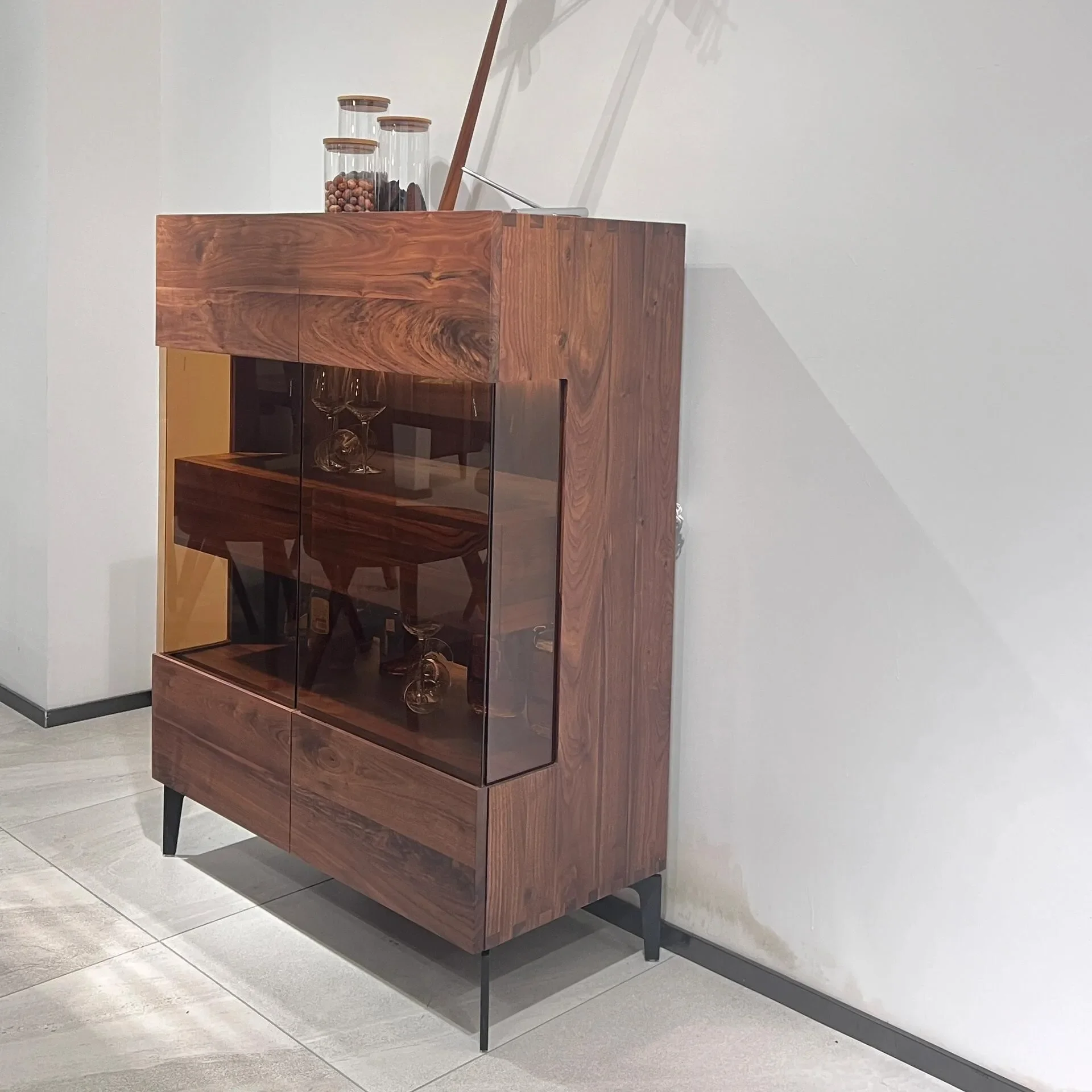 

Black walnut bucket cabinet living room solid wood glass wine wall decorative display furniture