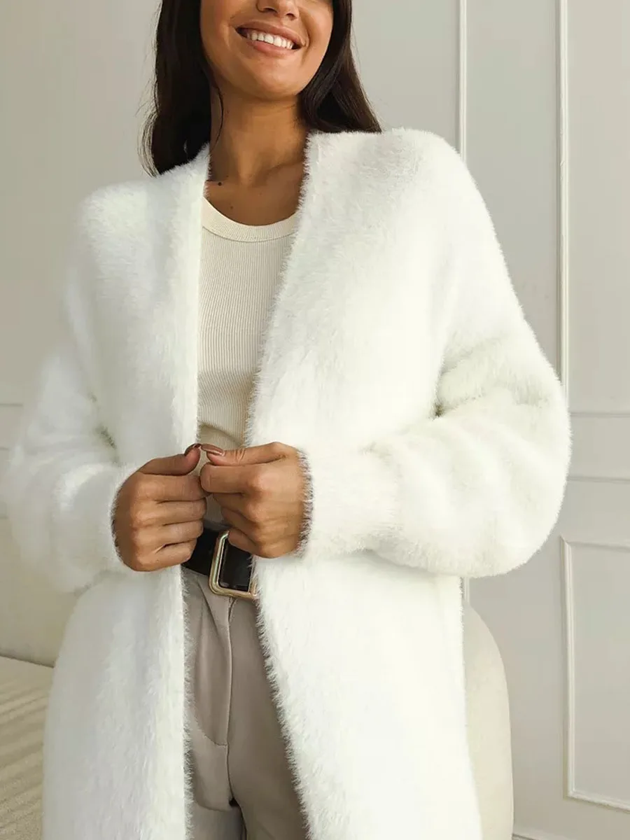 white Long Cardigan for women winter clothes Knitted fluffy long sleeve Cashmere sweater coat clotkorean style warm vintage image 6