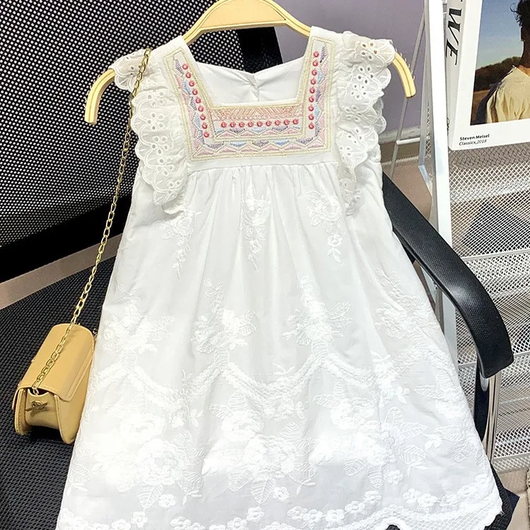 2024 Fashion White Lace Hollow Kids Girls Dress Short-sleeved  Princess Dress Children's Embroidered  Dresses