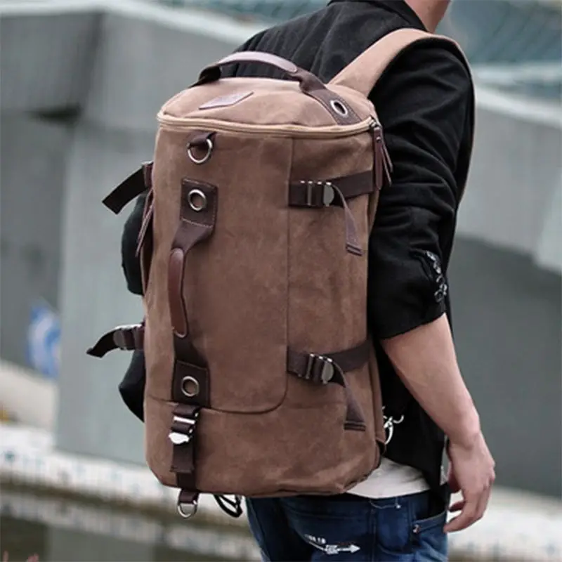 

14 Inches Vintage Fashion Backpack Men Canvas Travel Bag Large Capacity Multifunctional Cylinder Men Backpack Mountaineering