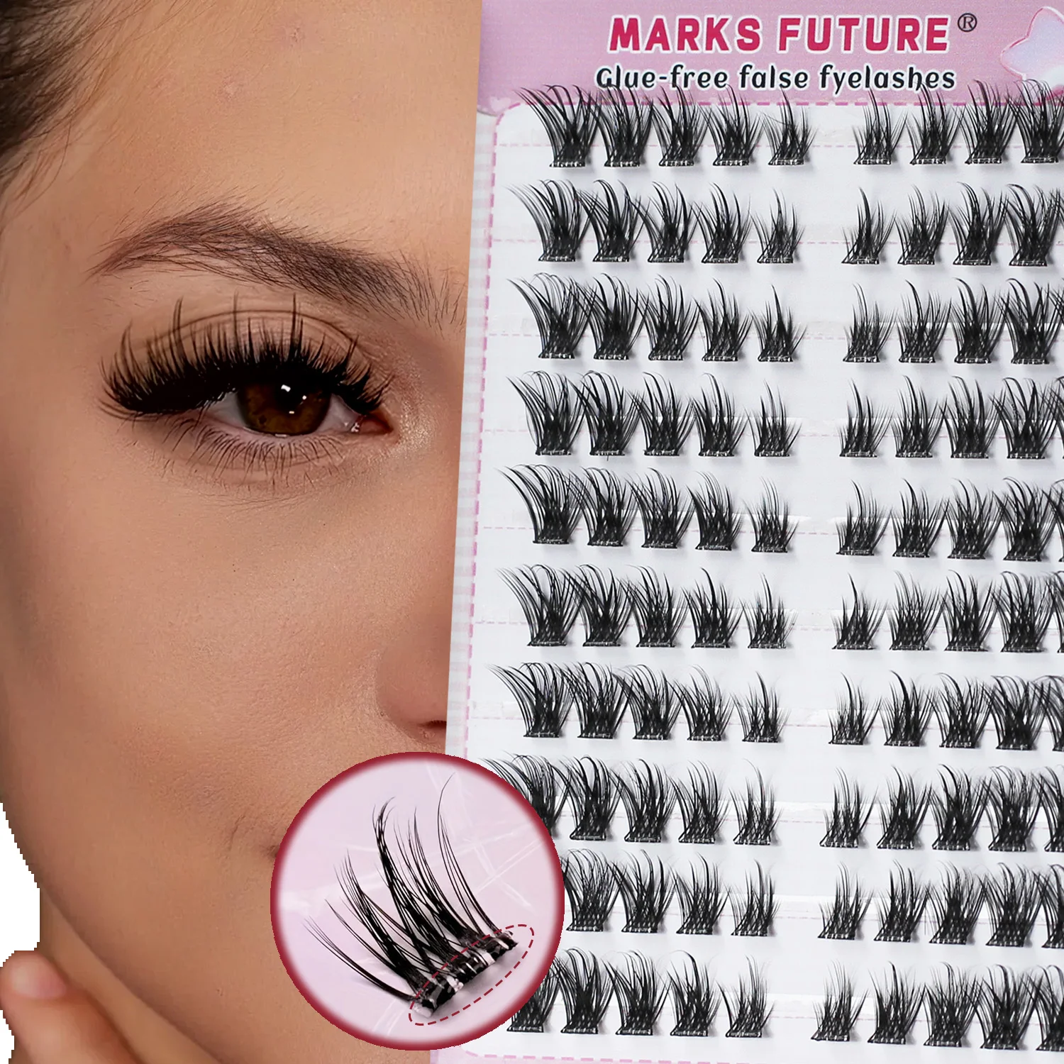 Self-adhesive false eyelashes, 100 pieces, 8-16mm mixed lengths, cat-eye and fox-eye style, D-curl, ultra-thin, lightweight, reusable, beginner-friendly