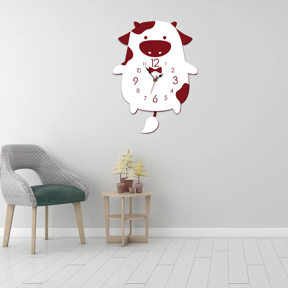 

Animal Pendulum Clock Red Cartoon Cow Shape Silent Wall Clock For Living Room Bedroom Kitchen Office Decorative Hanging