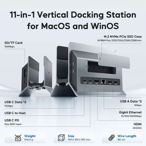 Imagen 2 del producto Estación de acoplamiento vertical para computadora portátil PULWTOP con expansión SSD M.2, HD 4K, RJ45, USB-C, 2 USB-A para portátiles tipo C con todas las funciones