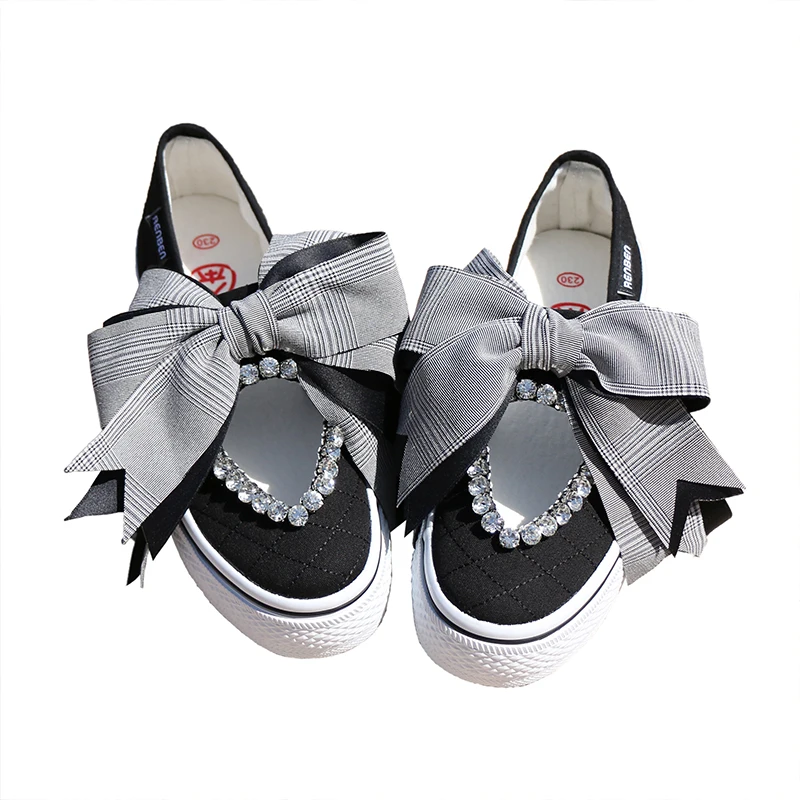 Ribbon Bow Spring Platform Women's Sneakers Fashion Casual Comfort Slip on Flat Black Canvas Rhinestones Students Sport Trainers