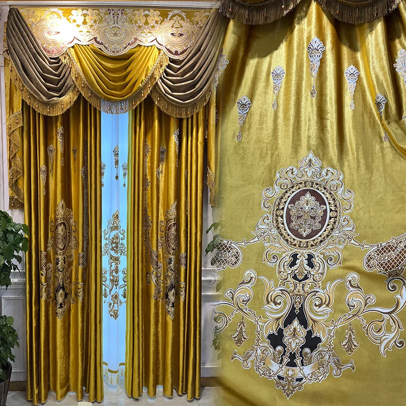 Custom curtain European baroque palace luxury gold thick velvet cloth blackout curtain tulle valance drape C1006