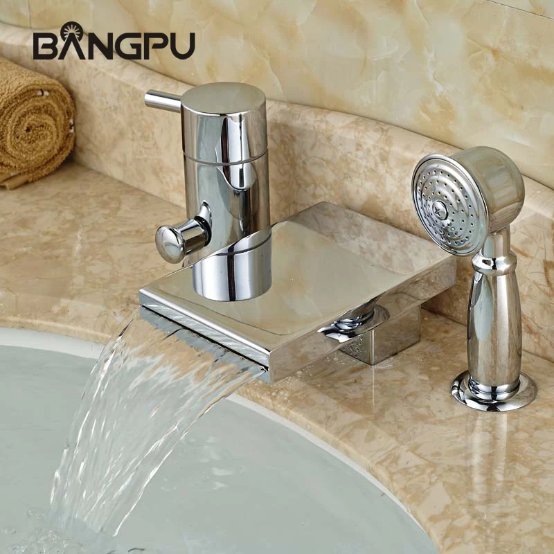 

Roman Tub Faucet Set with Hand Shower Chrome Deck Mount Bathtub Faucet Set 3 Hole Waterfall Bath Tub Faucet with Handheld Shower