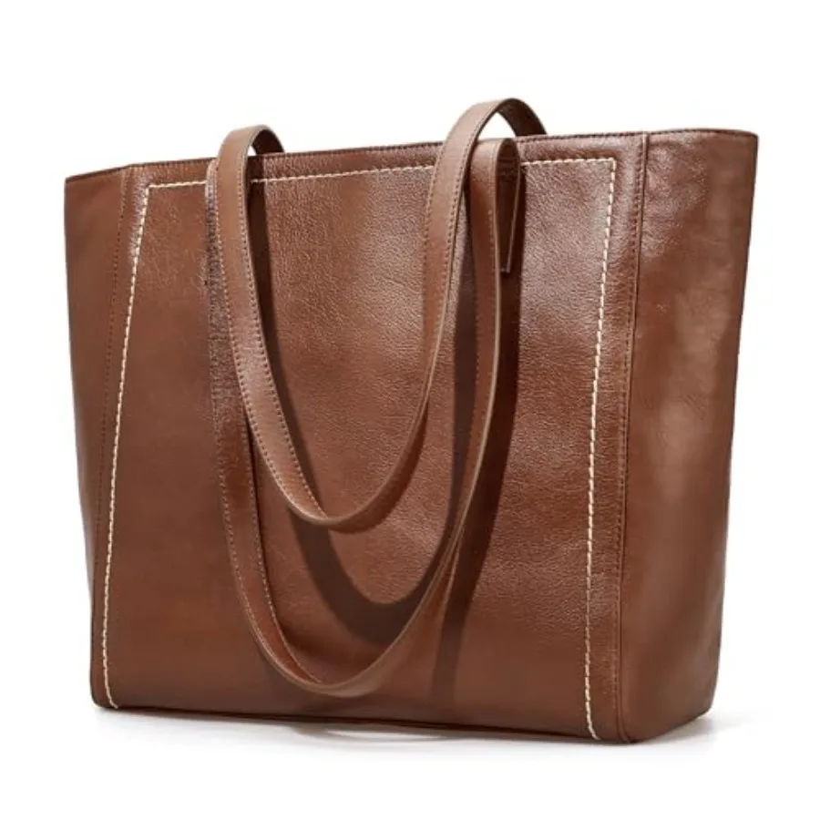 

Vintage Genuine Leather Work Tote Bag for Women Large Tote with Zipper and Compartment in Brown
