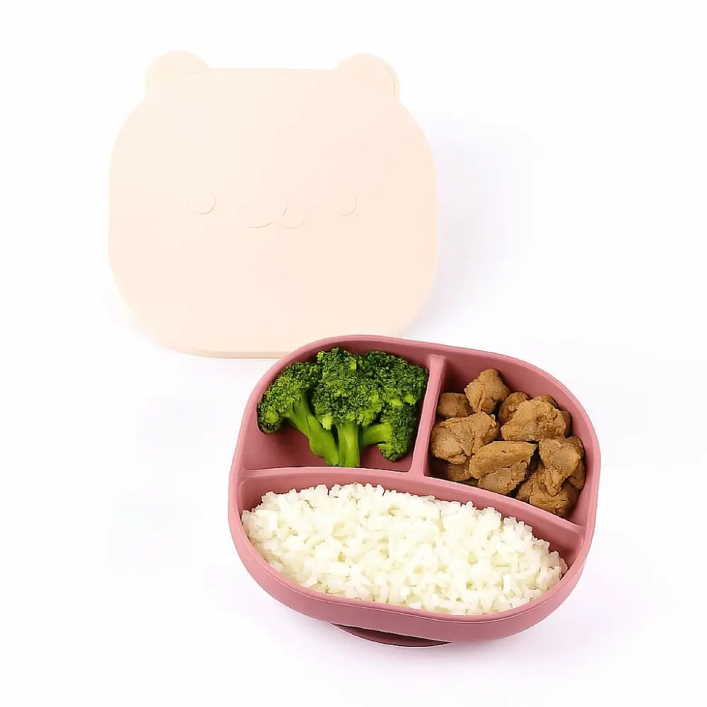 أطباق فطام الطفل على شكل دب كرتوني مضادة للانزلاق خالية من مادة BPA طبق مصاصة من السيليكون للأطفال مع غطاء طبق عشاء مقسم سهل التنظيف #3