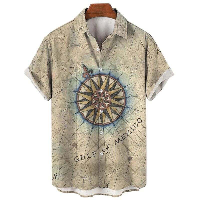 Vintage Short Sleeve Shirt For Men 3d Compass Printed Shirt Nautical Tops Summer Sweatshirt Designer Oversized Men's Clothing