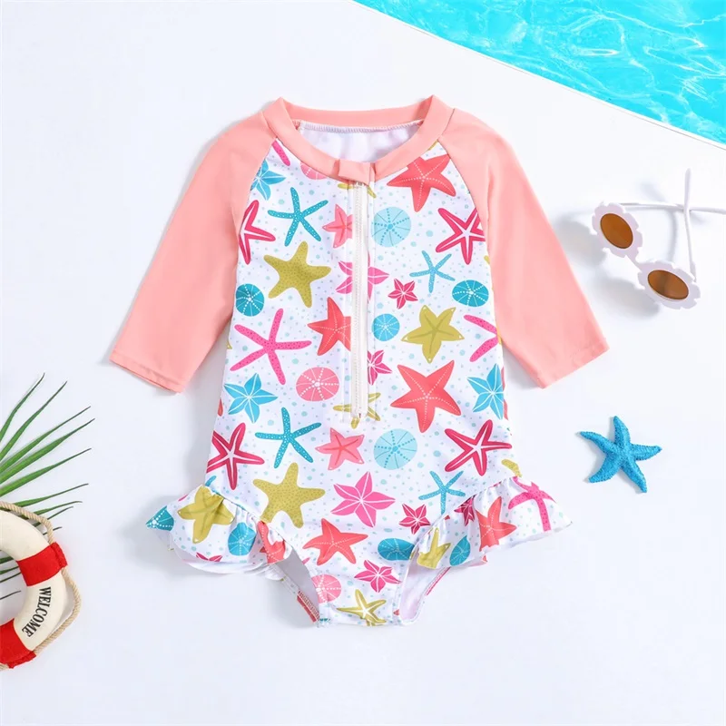 

1-6T Kids Girls Bikini Long Sleeve Swimsuit Round Neck Starfish Leaves Donut Leaf Print Swimsuit Suitable for Summer Beach