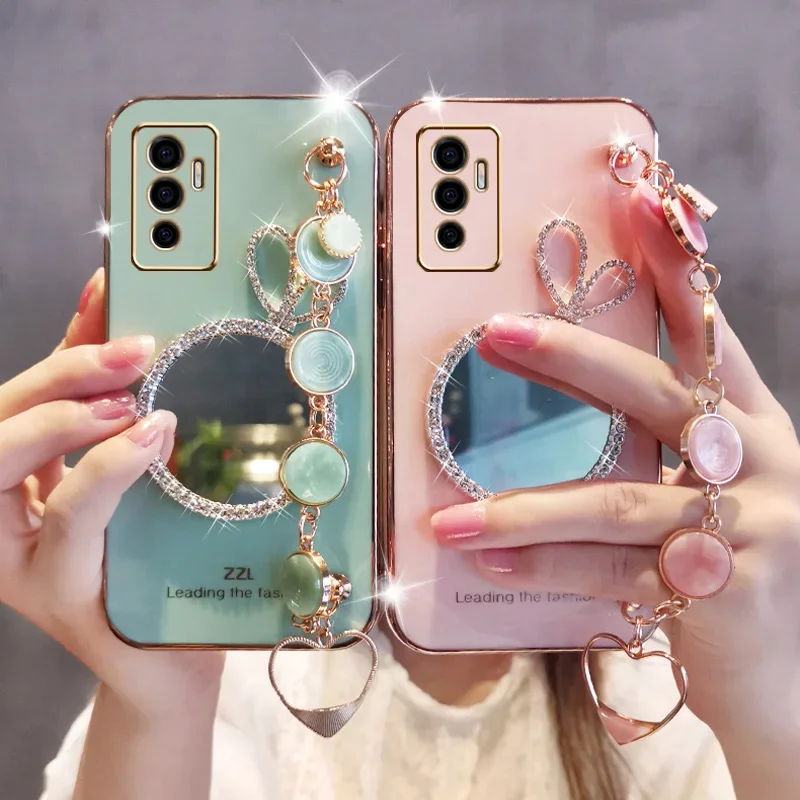 Lovely Glitter Rabbit Mirror Case For Vivo Y20 Y35 Y22 V21 V23 Y33S Y51 Y75 Y15S V25 Y31 Round Shellfish Bracelet Soft Cover