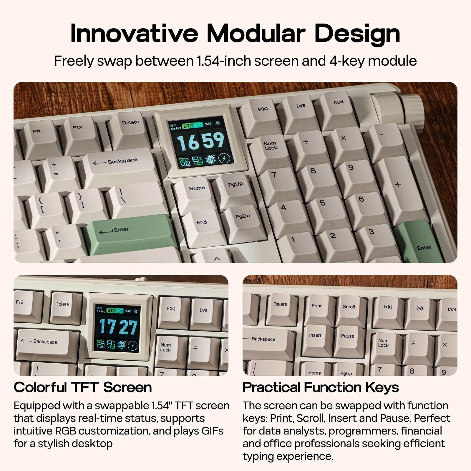 EPOMAKER RT100 PRO 100% ANSI US Layout Klawiatura mechaniczna z uszczelką, przewodowa/Bluetooth/bezprzewodowa 2.4Ghz, ekran 1.54” i pokrętło regulacji głośności — zdjęcie produktu 5