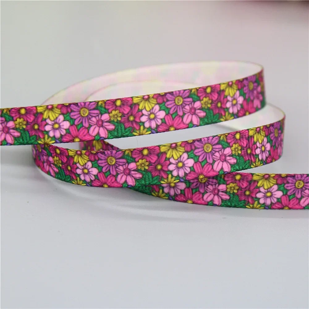 DHK 3/8\'\' 5yards Floral Flowers Printed Grosgrain Ribbon Accessories Material Decoration Collar DIY Sewing Craft C2631