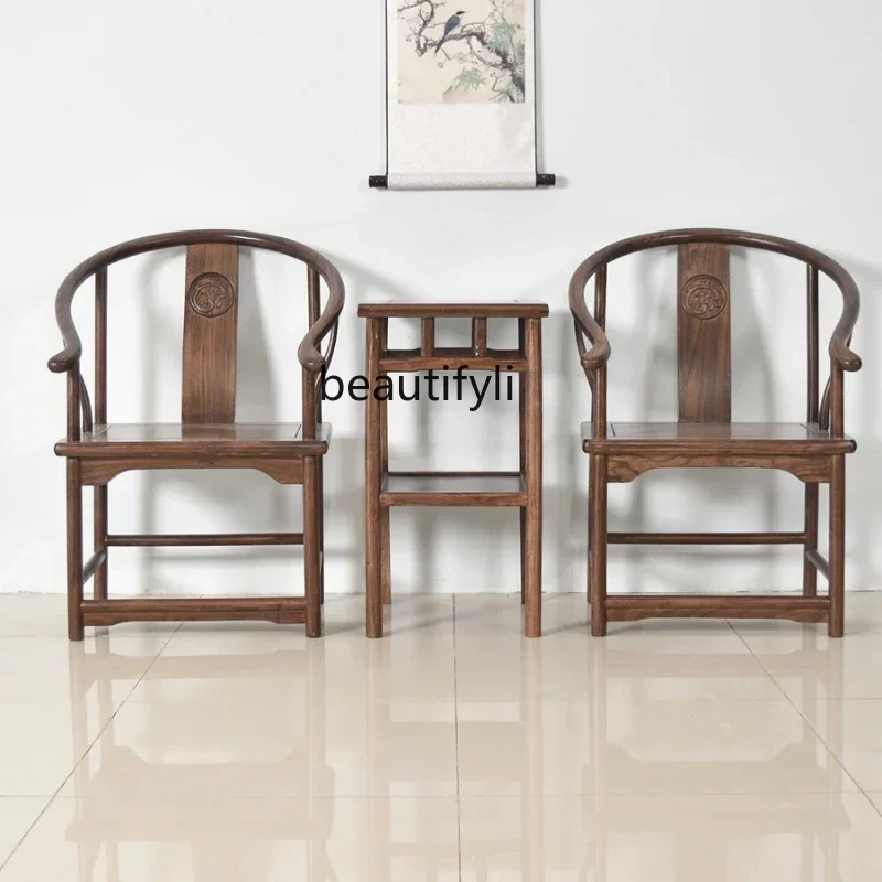 zzNew Chinese Style round-Backed Armchair Three-Piece Set Antique Solid Wood Old Elm Hotel Sofa Chair Log Seat