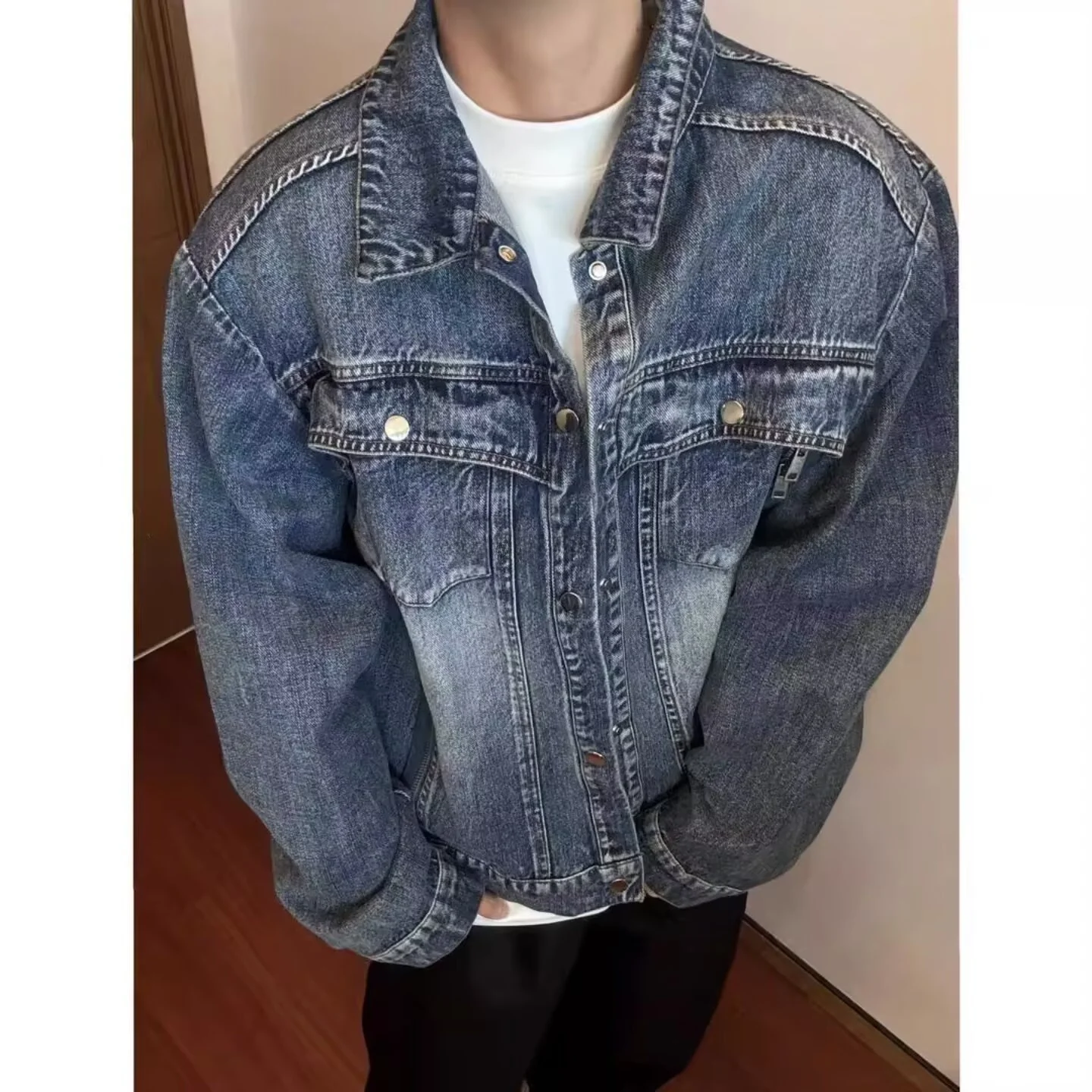 

Waed Denim Jaet Men's Casual Loose Fit Autumn Winter Outerwear Polyester Fiber Long Sve Youth Trendy Jaet