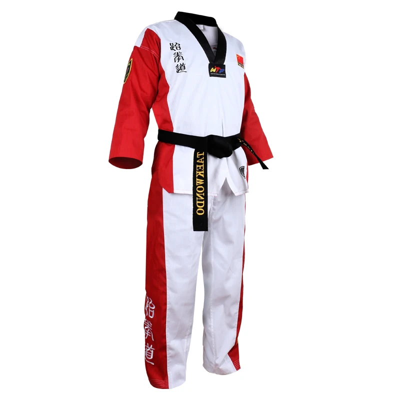 Uniforme de Taekwondo rojo y negro de alta calidad, traje de entrenamiento, bordado, Poomsae, dobok, WTF, tamaño aprobado, 160-190cm