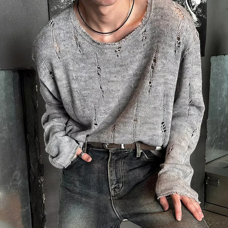 2026 Autumn Trendy Mens Hollow Out T Shirts Knitting Ripped Long Sleeve Crew Neck Pullover Tops Men Vintage Solid Color Slim Tee