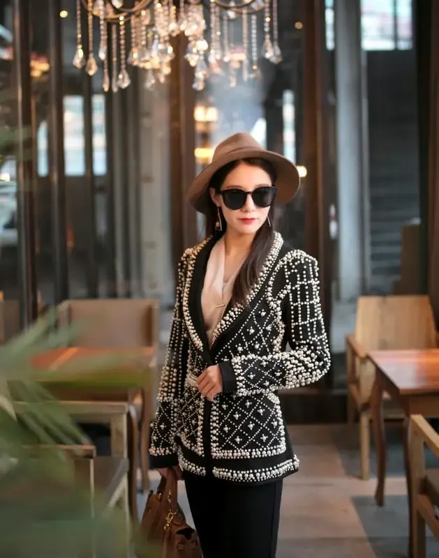 

Female Guest Ds Singer Dj Performance Party Celebrity Blazer coat Women Black Pearl Jacket Nightclub Costume