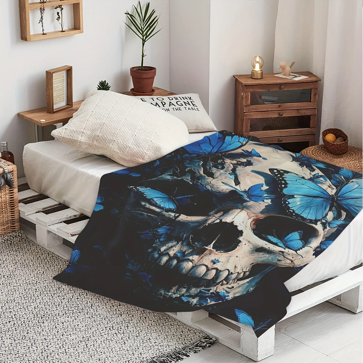 

Blue Butterfly Skull Blanket - Soft Home Throw for Room Decor, Unique Gift Idea, Mystical Skeleton with Fluttering Wings Design
