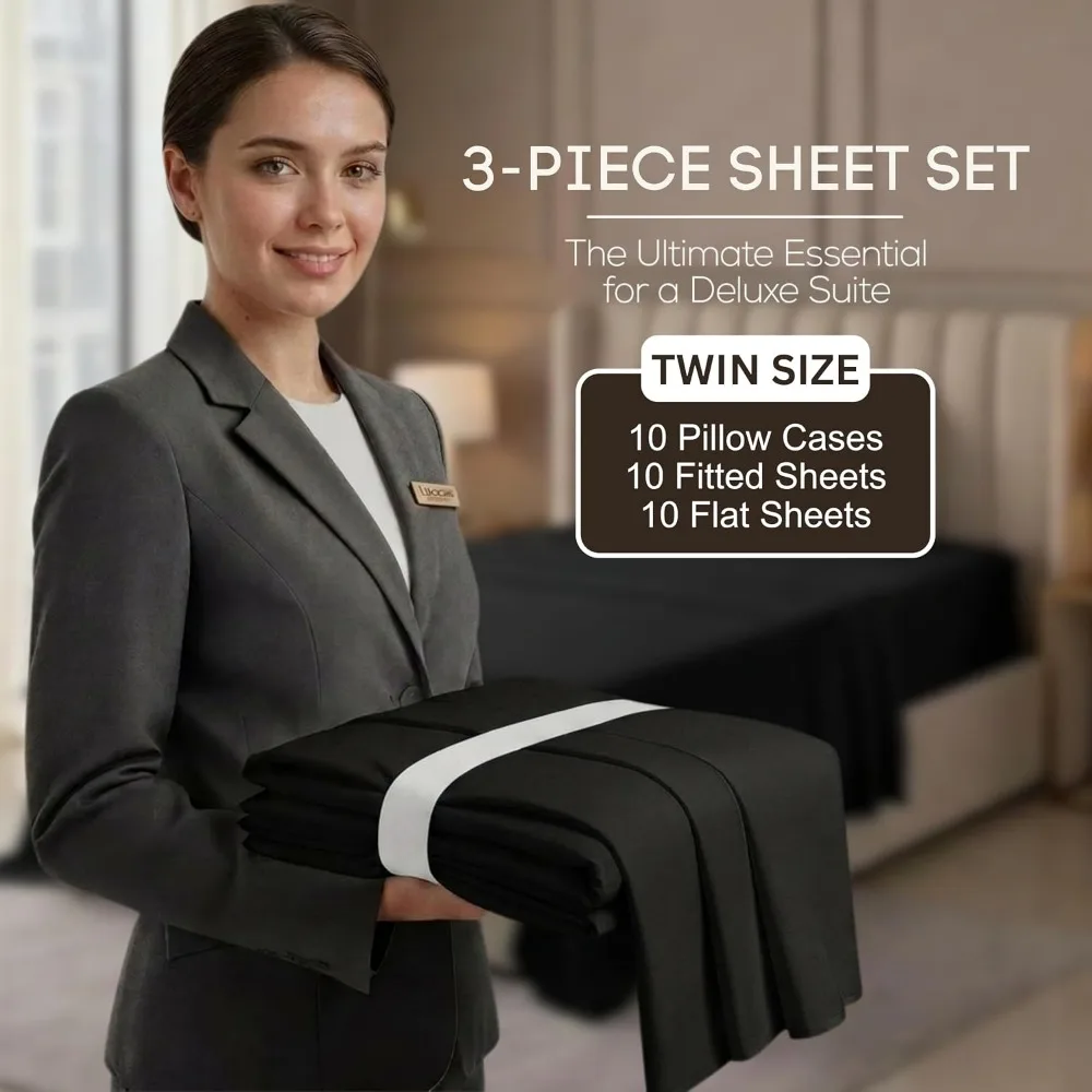 Bulk 10-Pack Twin Size 3pc Bed Sheet Set for Hotel, Resort, Motel, Black