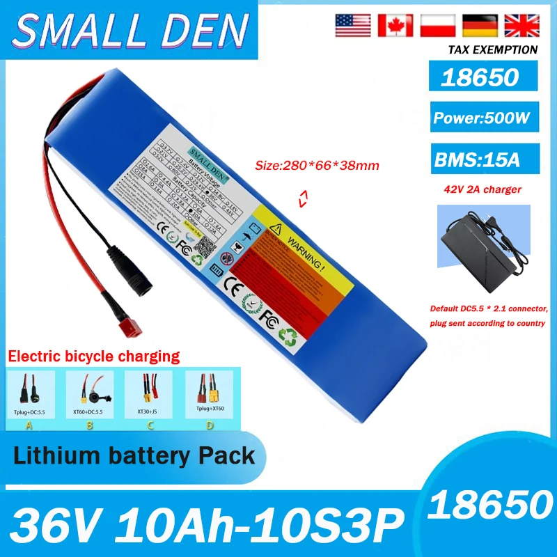 36V 10Ah 18650 Lithium Battery Pack 10S3P 500W High-Power 42V Self Installed with Built-in 15A BMS plus 2A Charger