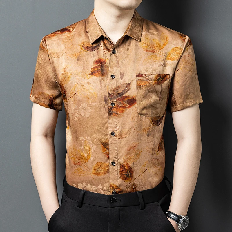 

Gambiered Canton Gauze Shirts For Men Short Sleeve Print Pocket Summer Quality 100% Silk Lightweight Luxurious Camisas De Hombre
