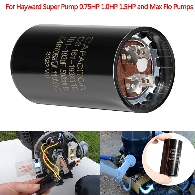Condensador de arranque de bomba de piscina 161-193 uf/MFD apto para bombas Hayward Super Pump 1.0HP 1.5HP y Max Flo, utilizado en motores de 110/220 voltios