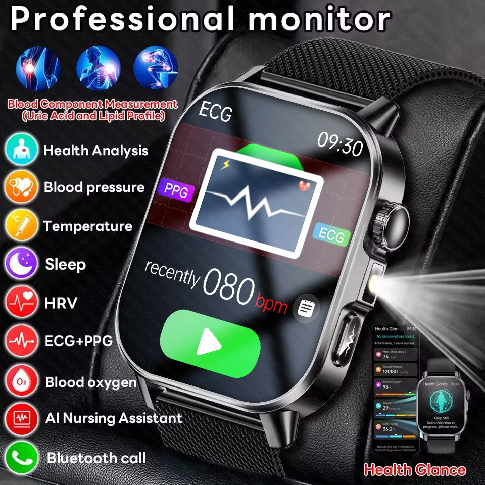 2026 New AI Men Accurate Measurement Health Smart Watch ECG+PPG Uric Acid BP Blood Oxygen Blood Lipids BT Call Smartwatch Women