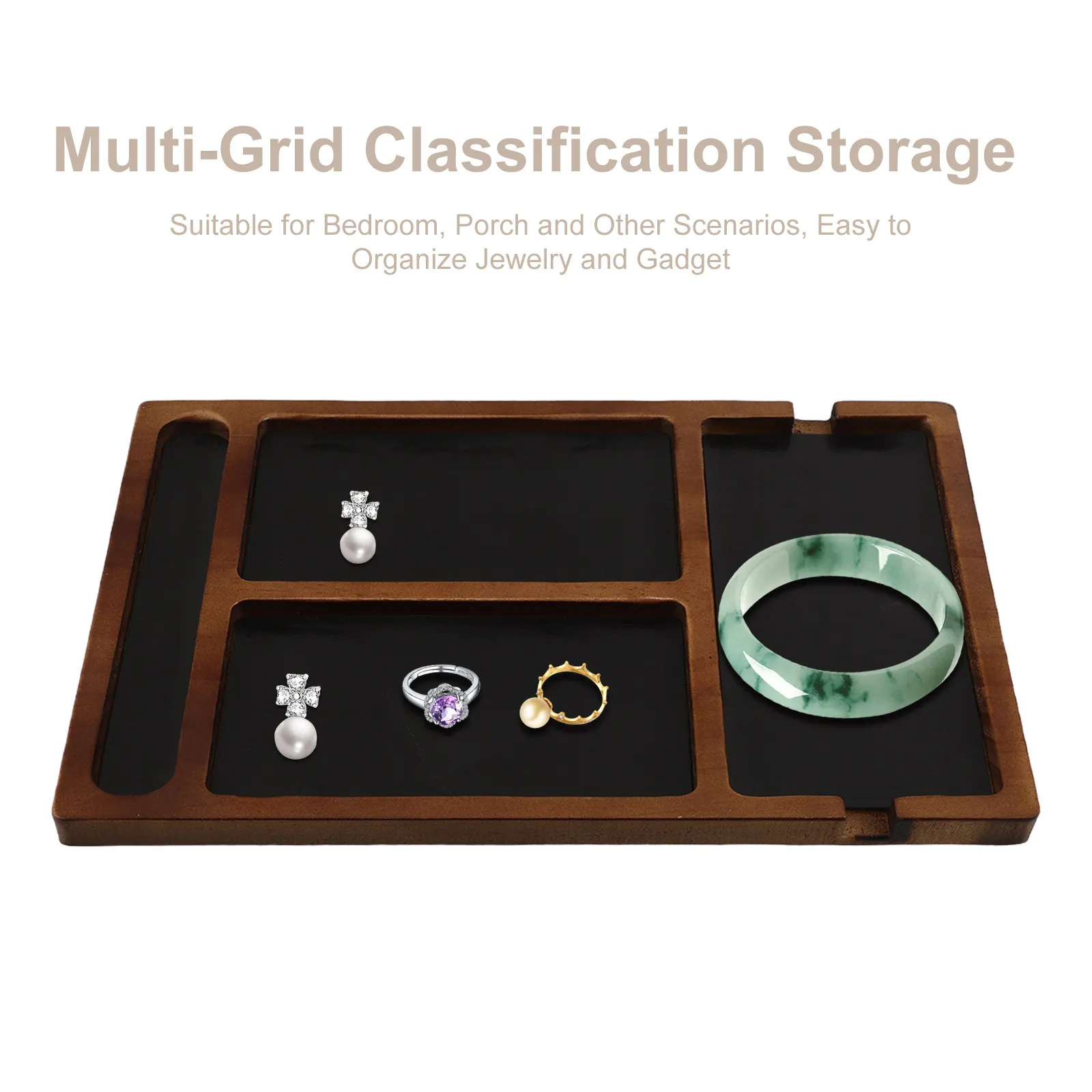 Divided Solid Wood Jewelry Tray Natural Finish Desk Organizer for Bedroom Nightstand Phone Keys Watch Sunglasses Storage view 5