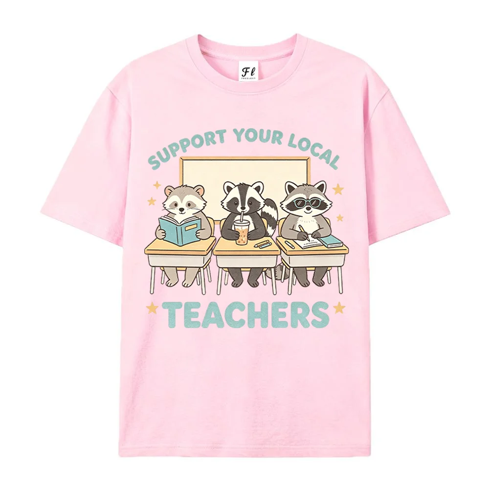 Women Support Your Local Teachers Raccoon Graphic Print Short Sleeve T Shirt Casual Funny Teacher Appreciation Summer Top ﻿