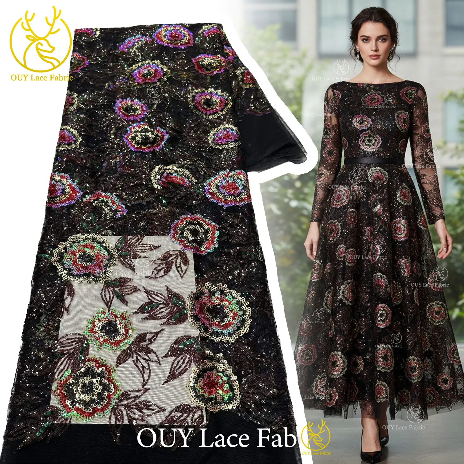 

Luxury African Lace Fabric 2026 Black Nigerian Beaded Sequins Lace Fabric For Women Party Elegant Dress Sewing Supplies 5 Yards