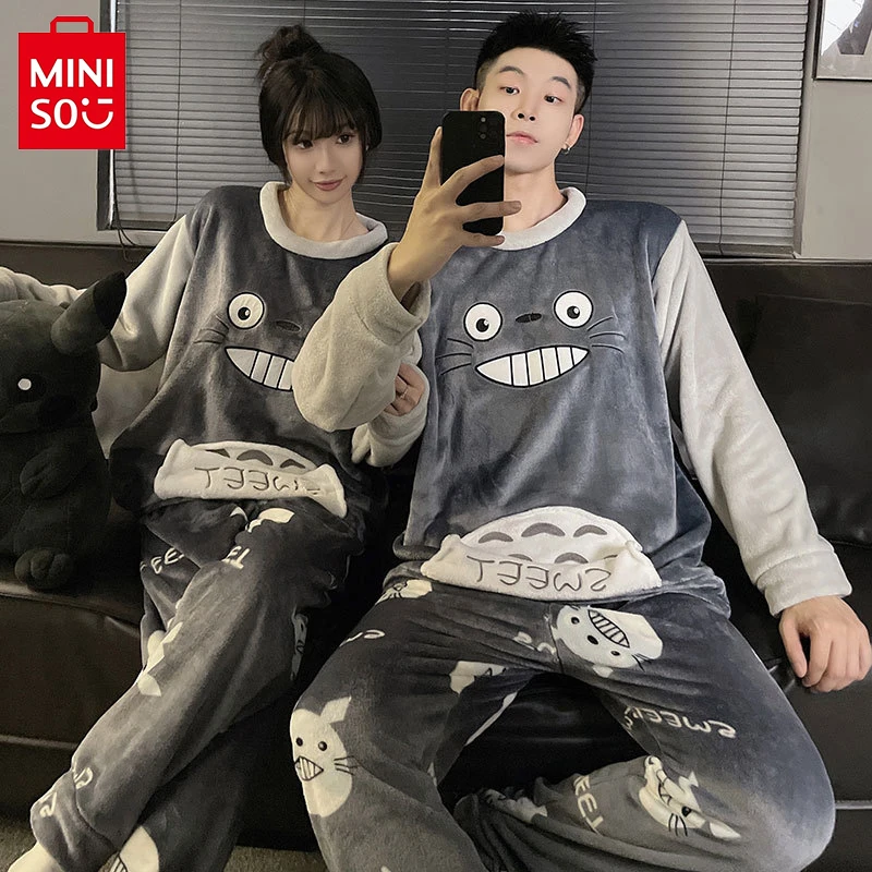 

Anime Totoro Pajamas Plush Set Kawaii Plush Round Neck Long Sleeve Pajamas Winter Warm Flannel Home Clothes Set Birthday Gift