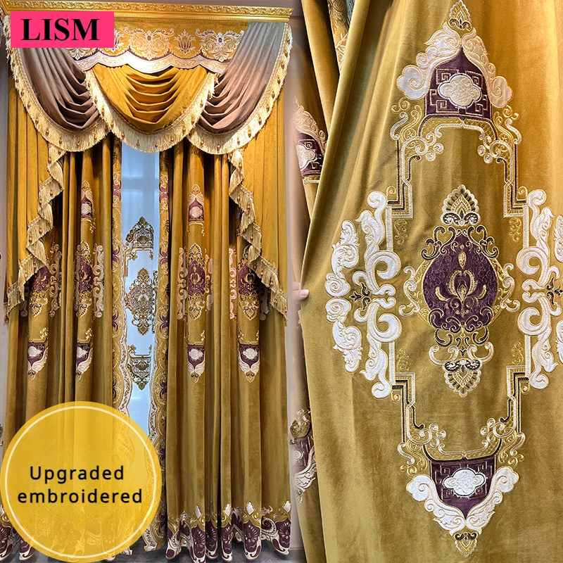 

High-end Velvet Curtain for Living Room Bedroom Embroidered Lace Stitching Blackout Valance Villa Customized Window Screen Decor