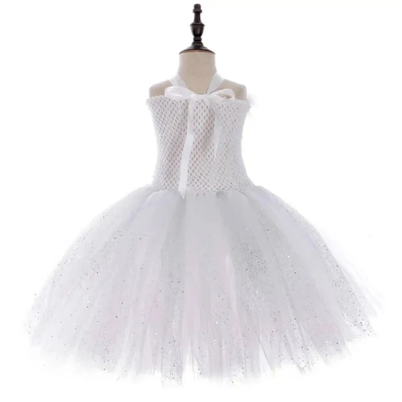 Silver Sequinned White Angel Wings Ballet Tutu Princess Christmas New Year Costume for Girls Children's Birthday Fairy Dress