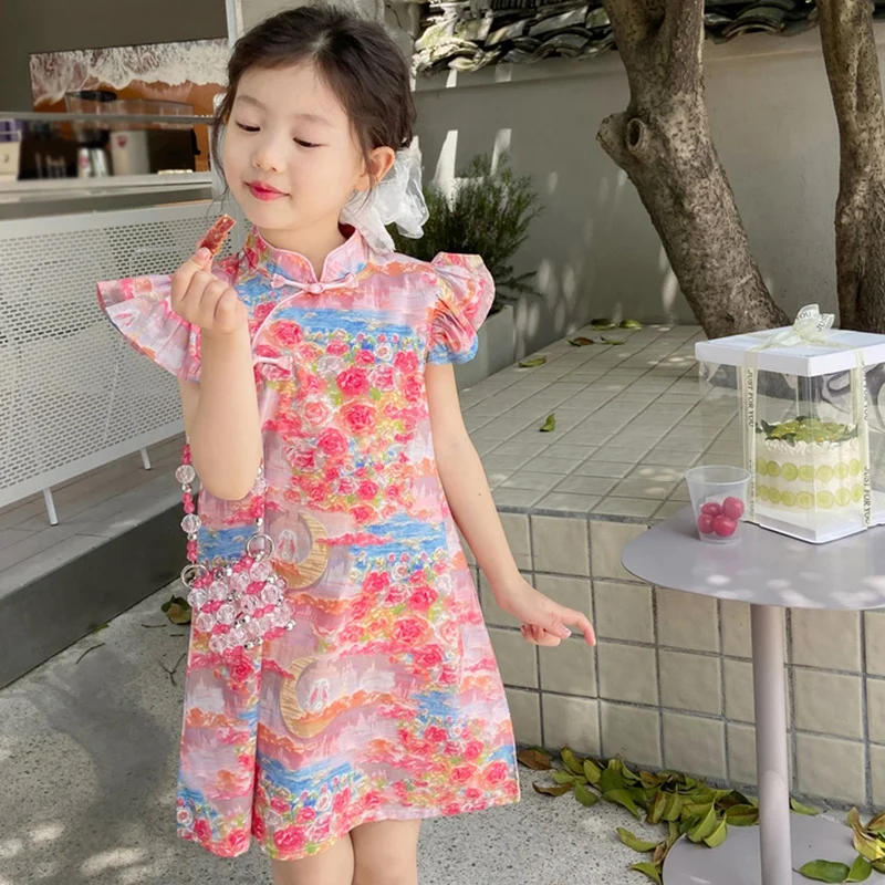 Girls Casual Dresses Cute Printing Cotton Girls Skirt Summer Sweet Small Flying Sleeves Princess Dress With Button Kids Clothes