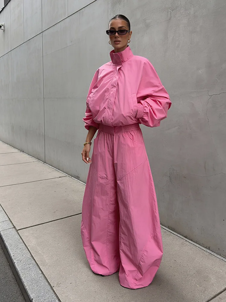 Stehkragen Langarm Oversize-Oberteil und Hosen-Set für Damen, Streetwear mit Taschen, Lockere Mäntel, Hosen mit Elastischem Bund, Schickes Damen-Outfit, Neu – Detail 6
