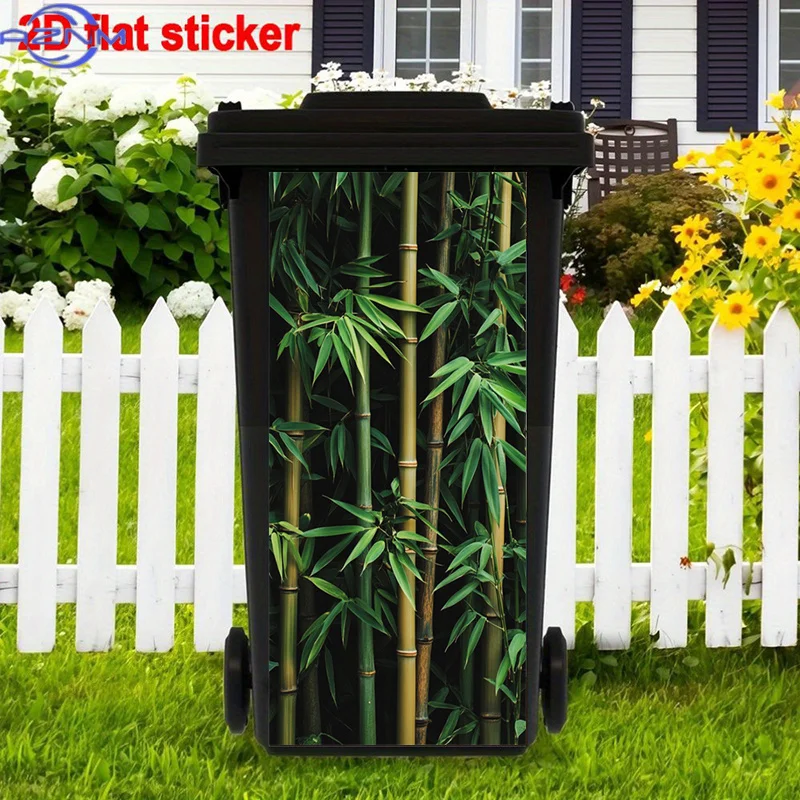 Natural Bamboo Trash Can Sticker Decoration, Green Leaves Stickers, Forest Floor Stickers, Asian Garden Poster for Bedroom Liv