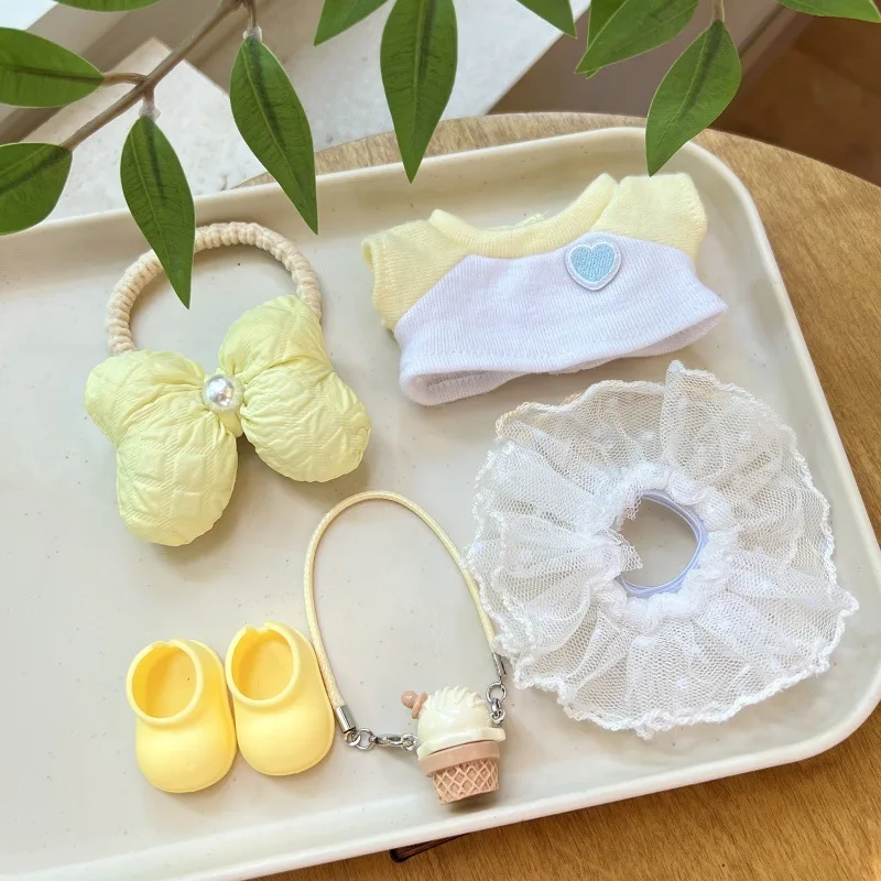 

17CM Pendant Labubu Doll 1st 2nd and 3rd Generation Labubu Trendy Toy Doll Accessories Outfit Party Milky Yellow Tulle Skirt