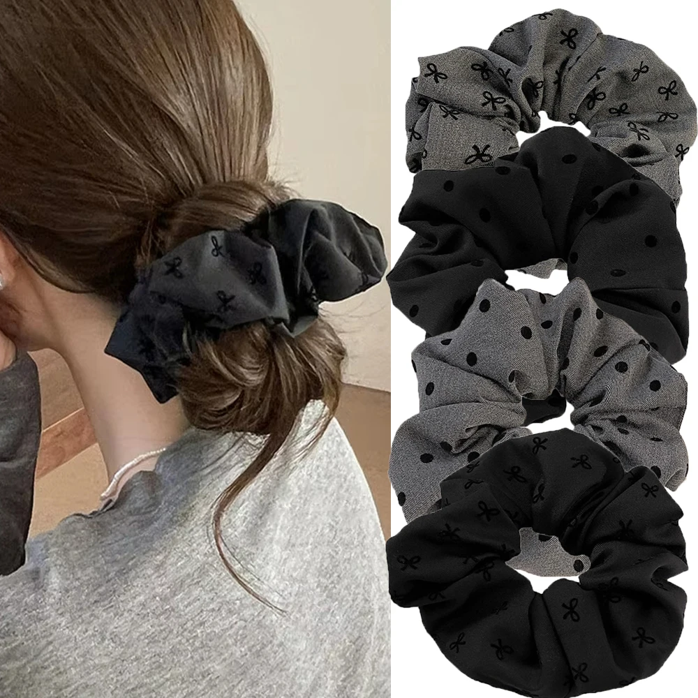 1/2PCS Polka Dot Hair Ties Rope Women Large Size Heart Bowknot Printed Scrunchies Grey Black Hairband Ponytail Holder Headwear